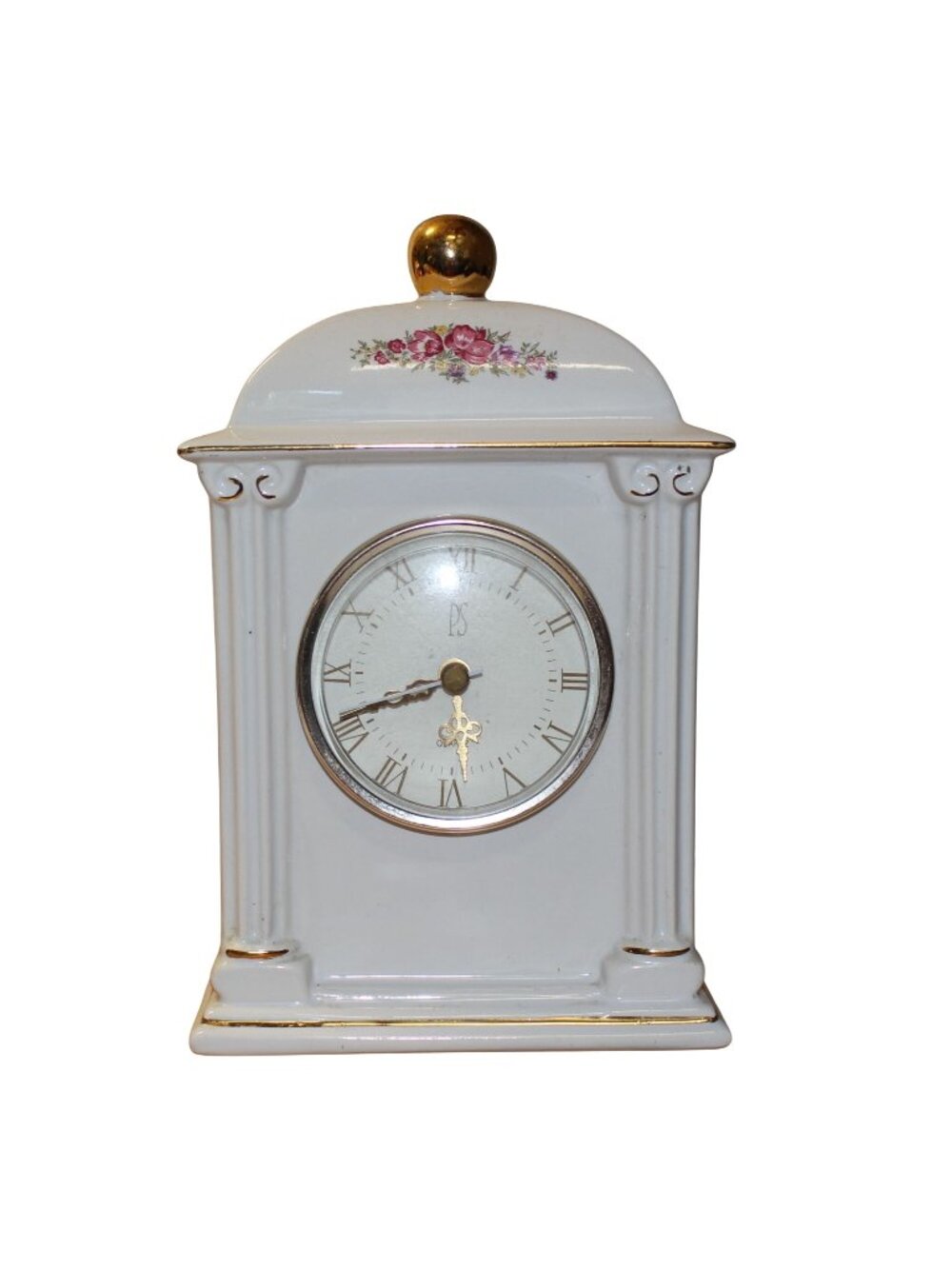 Vtg 1993 Paul Sebastian Porcelain Mantel Clock Floral Accents & 22K Gold Trim